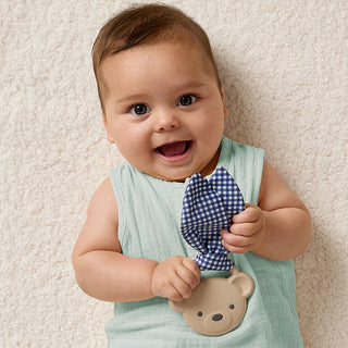 Itzy Ritzy Crinkle Crew taupe bear teether with soft fabric and crinkle texture for babies, featuring a cute bear design.