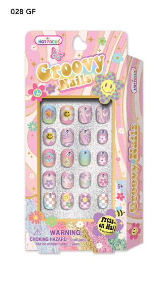 Hot Focus Groovy Flower Press On Nails Packaged product of 'Groovy Nails' with colorful design on a white background
