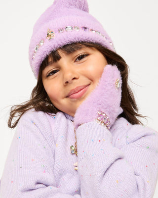 Super Smalls Lavender Dreams Beanie
Child wearing a purple outfit with a matching hat and gloves on a white background