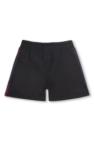 Aviator Nation 5 Stripe Kids Flex Board Shorts in black, featuring colorful stripe design and comfortable fit for children.