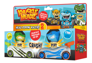 SD Toys Knuckle Headz Head Poppin Racers featuring Shark and Dinosaur characters in colorful, playful toy designs.
