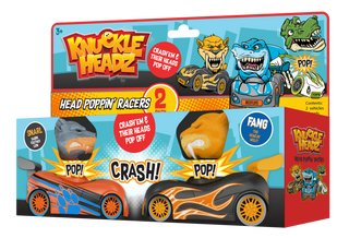 SD Toys Knuckle Headz Head Poppin Racers featuring Saber Tooth and Wolf characters in a colorful toy display.