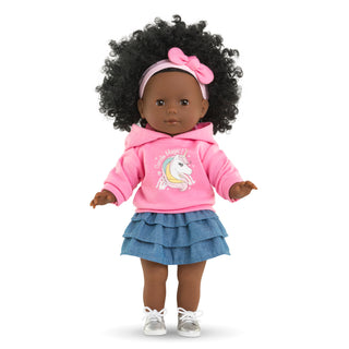 Corolle Maelys 14" Doll 
Doll wearing a pink hoodie with a unicorn design and a blue skirt on a white background