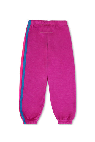 Aviator Nation 5 Stripe kids sweatpants in magenta, yellow, and blue with a relaxed fit and stripe pattern.
