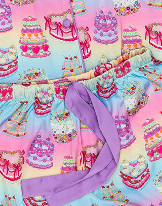 Sunshine Society It's My Party short sleeve pajama set with matching shorts, featuring colorful party-themed designs.