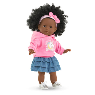Corolle Maelys 14" Doll
Doll wearing a pink hoodie with a unicorn design and a blue skirt on a white background