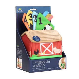 Itzy Ritzy Itzy Sensory Scarves™ Pull-And-Take Toy - Farm Friends
Itzy Sensory Scarves packaging with colorful scarves and a barn toy on a white background