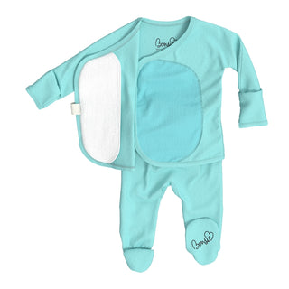 Bonsie Footie - Tiny Tide
A baby sleepwear set in mint green, featuring a long-sleeve footed sleeper with an attached reversible panel, a matching footed sleeper underneath, and a white changing pad cover, all on a solid white background.