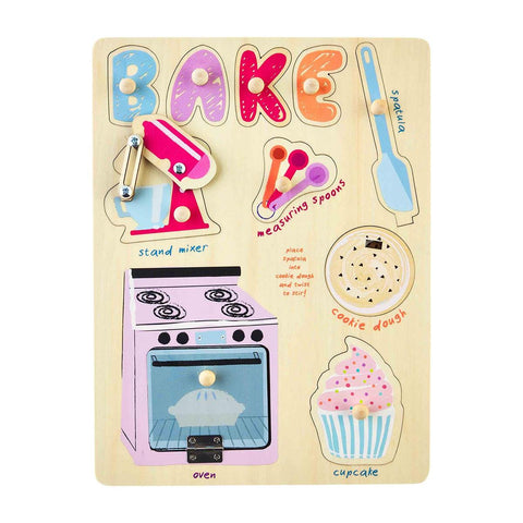 Mud Pie Bake Busy Board Wood Puzzle, Mud Pie, Bake, Baking Puzzle, Busy Board, Mud Pie, Mud Pie Puzzle, Mud Pie Toys, Puzzle, Puzzles, Toy, Toys, Wood Puzzle, Wooden Toy, Toys - Basically Bow