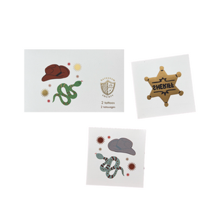 Jollity & Co Yeehaw Temporary Tattoos
Three sheets of temporary tattoos featuring cowboy-themed designs on a white background.