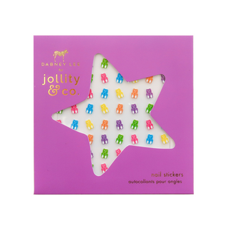 Jollity & Co Gummy Bears Nail Stickers
Star-shaped nail stickers with colorful designs on a pink card with 'Jollity & Co.' branding.