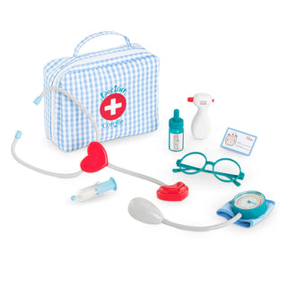 Corolle Doctor Set for 12" & 14" Doll
Children's toy doctor set with a blue checkered bag, stethoscope, syringe, and other medical tools on a white background.