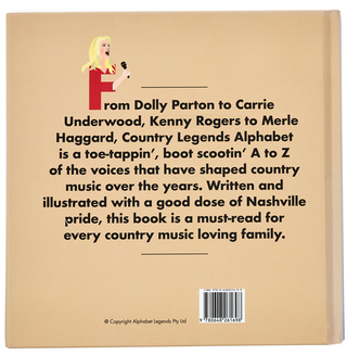 Country Legends Alphabet Hardcover Book
Book cover with text about country music legends and a cartoon illustration of a woman holding a microphone.