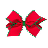 Wee Ones Medium Pom-Pom Edge Grosgrain Overlay Hair Bow on Clippie - Red with Green