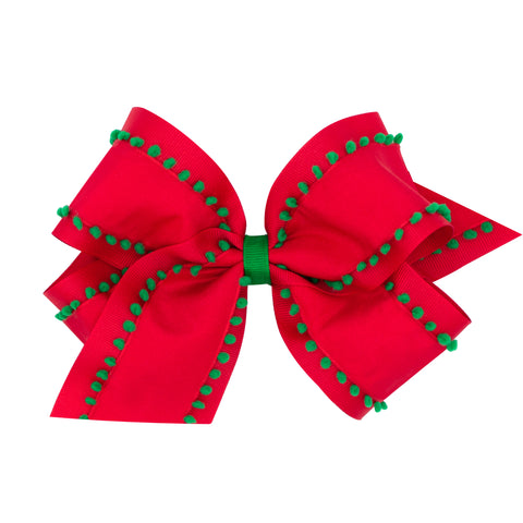 Wee Ones King Pom-Pom Edge Grosgrain Overlay Hair Bow on Clippie - Red with Green