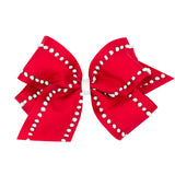 Wee Ones King Pom-Pom Edge Grosgrain Overlay Hair Bow on Clippie - Red w/White