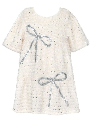 Baby Sara Tiered Dress with Sequin Bow Detail
White dress with silver sequin bows on a white background