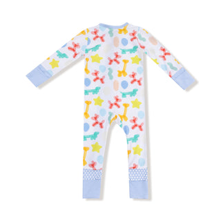 Angel Dear 2 Way Zipper Romper - Balloon Animals Blue
Colorful baby onesie with star and balloon pattern on a white background