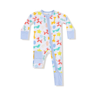 Angel Dear 2 Way Zipper Romper - Balloon Animals Blue
Colorful baby onesie with animal pattern on a white background