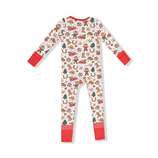Angel Dear 2 Way Zipper Romper - Cowboy Christmas
Children's onesie with Christmas-themed pattern on a white background
