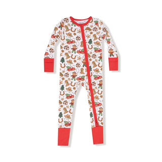 Angel Dear 2 Way Zipper Romper - Cowboy Christmas
Children's onesie with Christmas-themed pattern on a white background