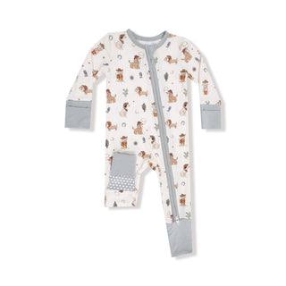 Angel Dear 2 Way Zipper Romper - Cowboy Dogs
Baby onesie with dog pattern and gray accents on a white background