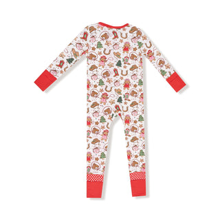 Angel Dear 2 Way Zipper Romper - Cowgirl Christmas
Children's onesie with Christmas-themed pattern on a white background