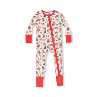 Angel Dear 2 Way Zipper Romper - Cowgirl Christmas
Children's onesie with Christmas-themed pattern on a white background