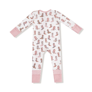 Angel Dear 2 Way Zipper Romper - Future Cowgirl
Baby onesie with pink cowboy boot pattern on a white background