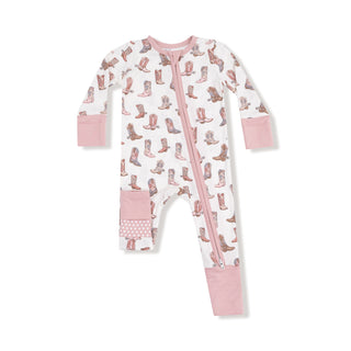 Angel Dear 2 Way Zipper Romper - Future Cowgirl
Baby onesie with cowboy boot pattern and pink accents on a white background