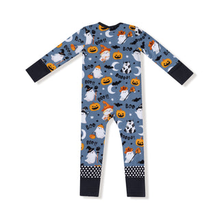 Angel Dear 2 Way Zipper Romper - Glow in the Dark Costumed Ghosts
Halloween-themed onesie with pumpkins, ghosts, and cats on a blue background.