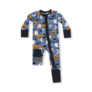 Angel Dear 2 Way Zipper Romper - Glow in the Dark Costumed Ghosts
Halloween-themed baby onesie with pumpkins, ghosts, and cats on a blue background.