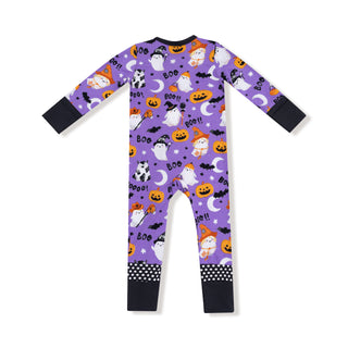 Angel Dear 2 Way Zipper Romper - Glow in the Dark Costumed Ghosts Purple
Halloween-themed onesie with purple background and black accents on a white background