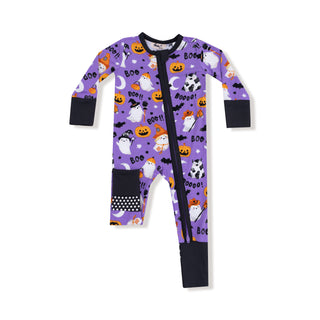 Angel Dear 2 Way Zipper Romper - Glow in the Dark Costumed Ghosts Purple
Halloween-themed onesie with purple background and black accents on a white background