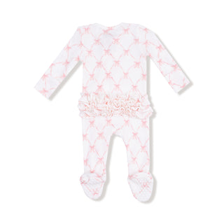 Angel Dear 2 Way Ruffle Zipper Footie - Ribbon Bow Trellis
Baby onesie with pink bow  pattern on a white background