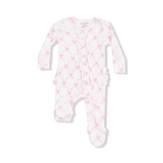 Angel Dear 2 Way Ruffle Zipper Footie - Ribbon Bow Trellis
Baby onesie with pink bow  pattern on a white background