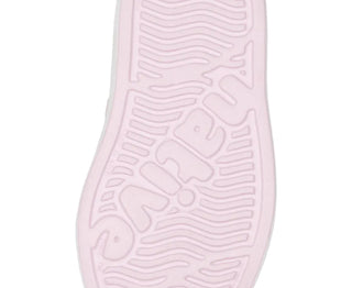 Native Jefferson Print Shoes - Barely Pink / Shell White / Cherries
A close-up of a light pink shoe sole with a textured wavy pattern and embossed lettering, shown against a plain white background.