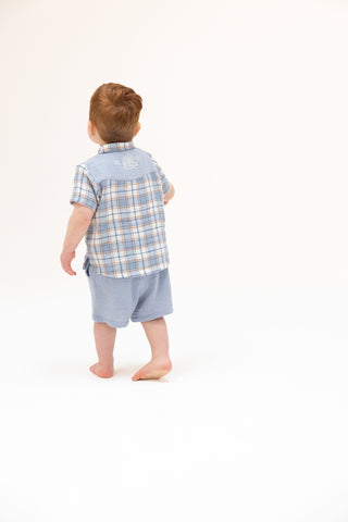 Angel Dear, Angel Dear Short Sleeve Western Pearl Snap Shirt & Casual Short - Western Boot Plaid, 2pc Outfit - Basically Bows & Bowties