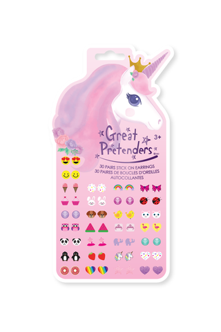 Great Pretenders whimsical unicorn earrings set with colorful stick-on earrings featuring unicorn designs and vibrant details.