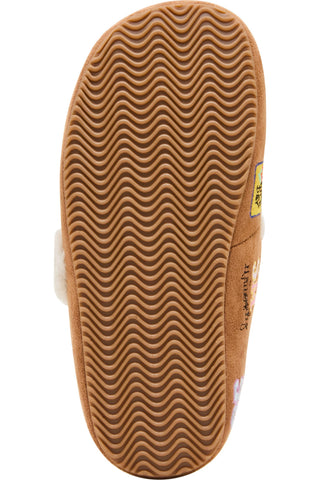 Steve Madden Kid's Faux Fur Nugget - Cognac Multi
Close-up of the brown wavy-sole slippershoe, showing the textured rubber tread and a small yellow heel label on a white background.