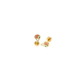 Pip Pop Post Earrings - Snowcone Stud
Pair of gold earrings with colorful triangular designs on a white background