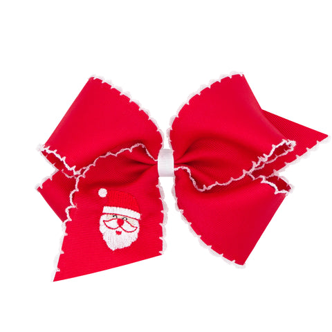 Wee Ones, Embroidered Moonstitch Grosgrain Hair Bow on Clippie - Santa on Red - Basically Bows & Bowties