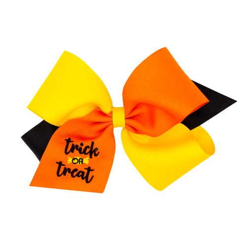 Trick or Treat Embroidered Tri-Color Grosgrain Hair Bow on Clippie, Wee Ones, Alligator Clip, Alligator Clip Hair Bow, cf-size-king, cf-size-medium, cf-type-hair-bow, cf-vendor-wee-ones, Clip