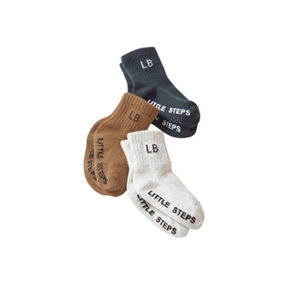 Little Bipsy Sock 3 Pack - Hello Fall
Three pairs of socks in black, brown, and white with 'LB Little Steps' branding on a white background.