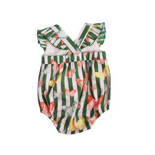 Hollis Baker Josie Bubble - Butterfly Green
Green and white striped baby romper with butterfly pattern on a white background