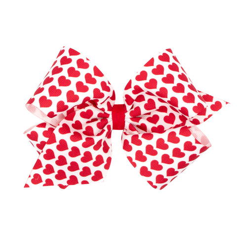Wee Ones King White with Red Hearts Print Hair Bow on Clippie