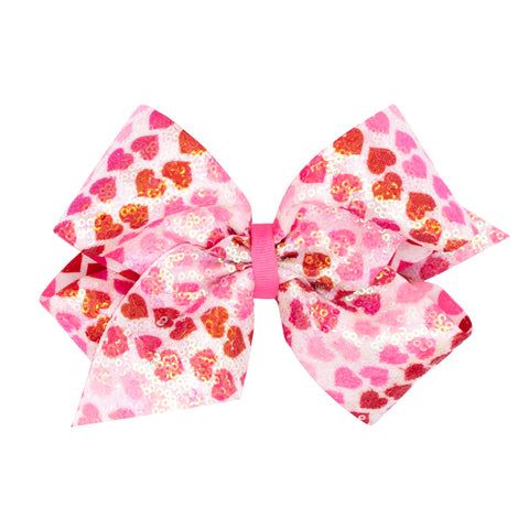 Wee Ones King Sequins Heart Print Hair Bow on Clippie