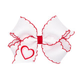 Wee Ones Medium White with Heart Embroidered Red Moon Stitch Hair Bow on Clippie