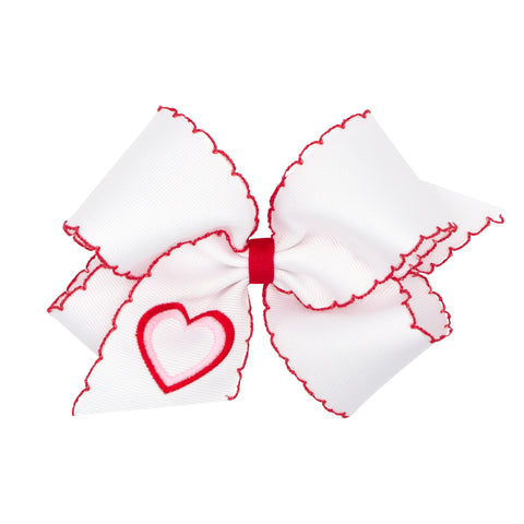 Wee Ones King White with Heart Embroidered Red Moon Stitch Hair Bow on Clippie