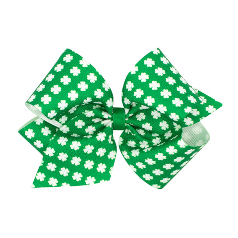 Wee Ones King Green with with White Shamrocks Print Hair Bow on Clippie